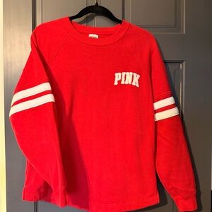 PINK Victoria's Secret Red Crewneck Sweatshirt with White Sleeve Stripes